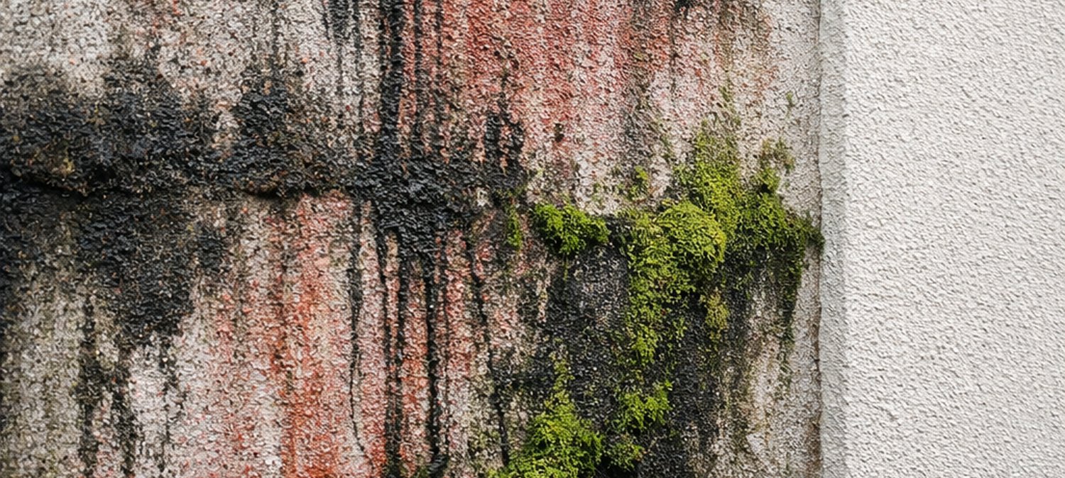 What causes black and red stains on rendered walls featured